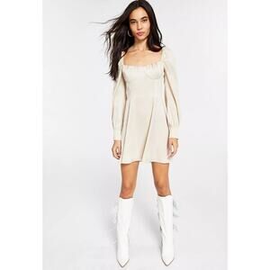 Leyden Beige Blouson Babydoll Feminine Sleeve Fit Flare Mini Dress L Large New